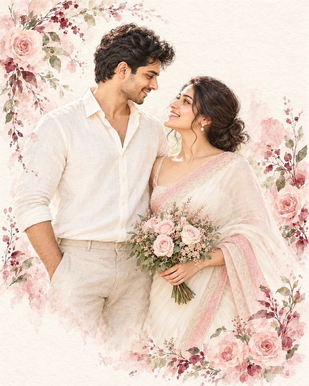 Watercolor portrait of a fictional Sri Lankan couple