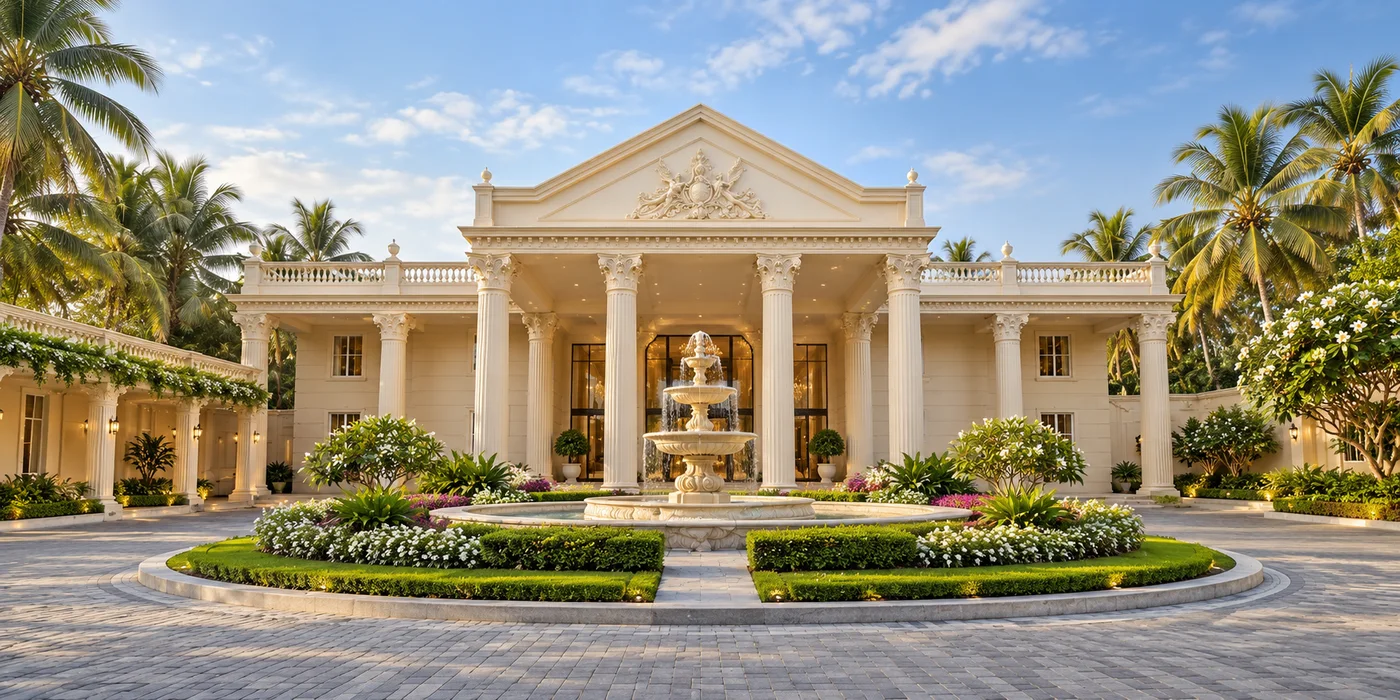 Grand ivory wedding hotel with a fountain and tropical gardens